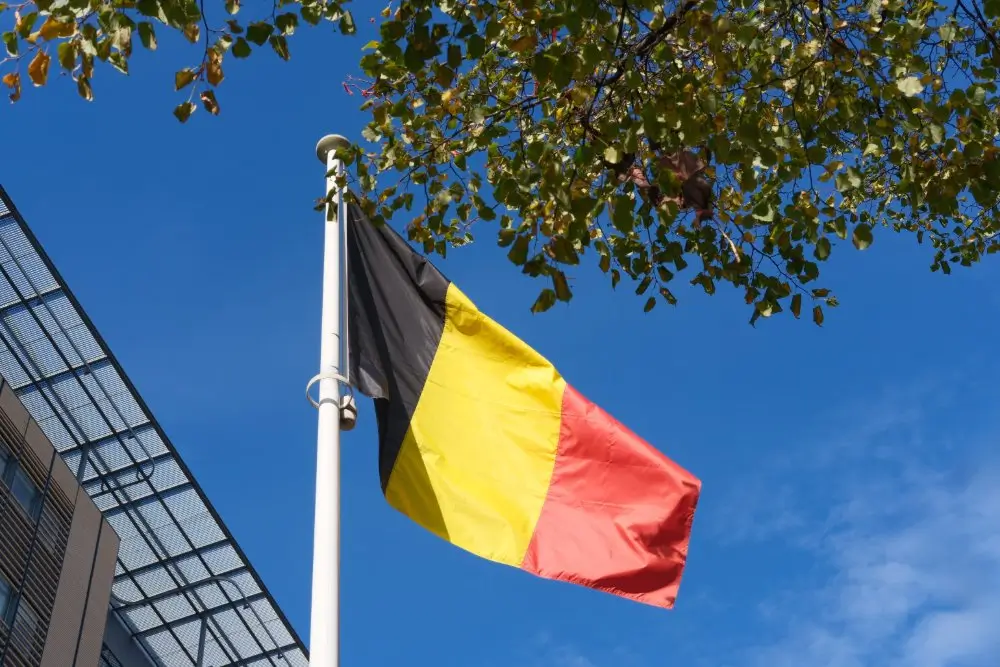 Belgische nationale vlag die wappert voor een gebouw van Defensie onder een helderblauwe hemel.